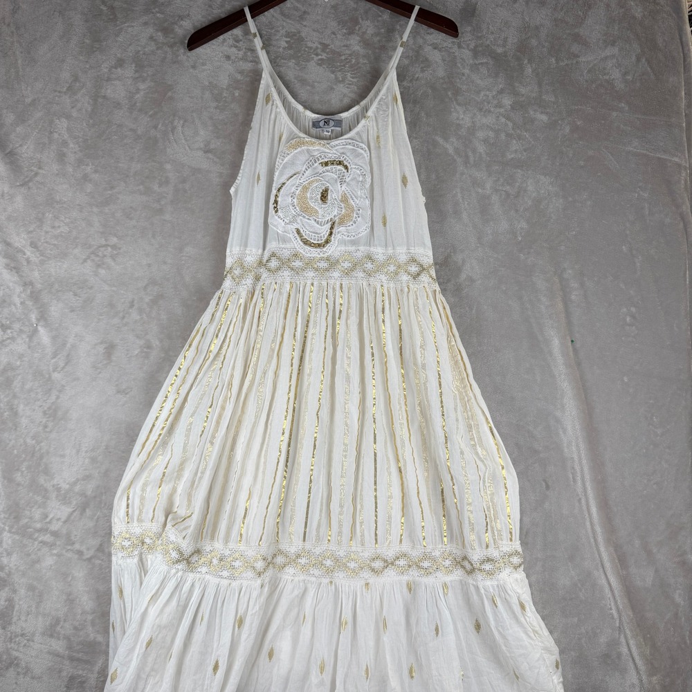 NJ Couture White Gold Metallic Beaded Lace Boho Tiered Maxi Dress TU